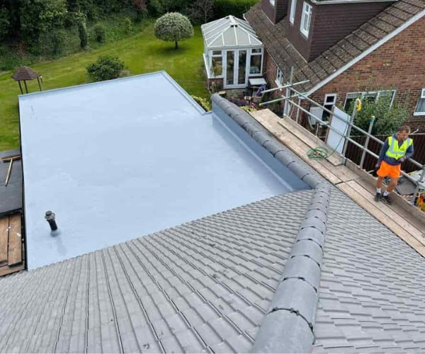 This is a photo of a newly installed hip roof, with a combined liquid covered flat roof. Work carried out by GKL Roofing Tickhill